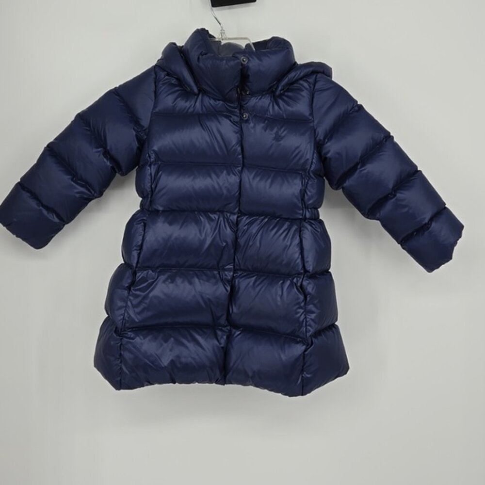 Polo Ralph Lauren Navy Puffer Water Resistant Down Long Coat Zip Snap Closure 4T